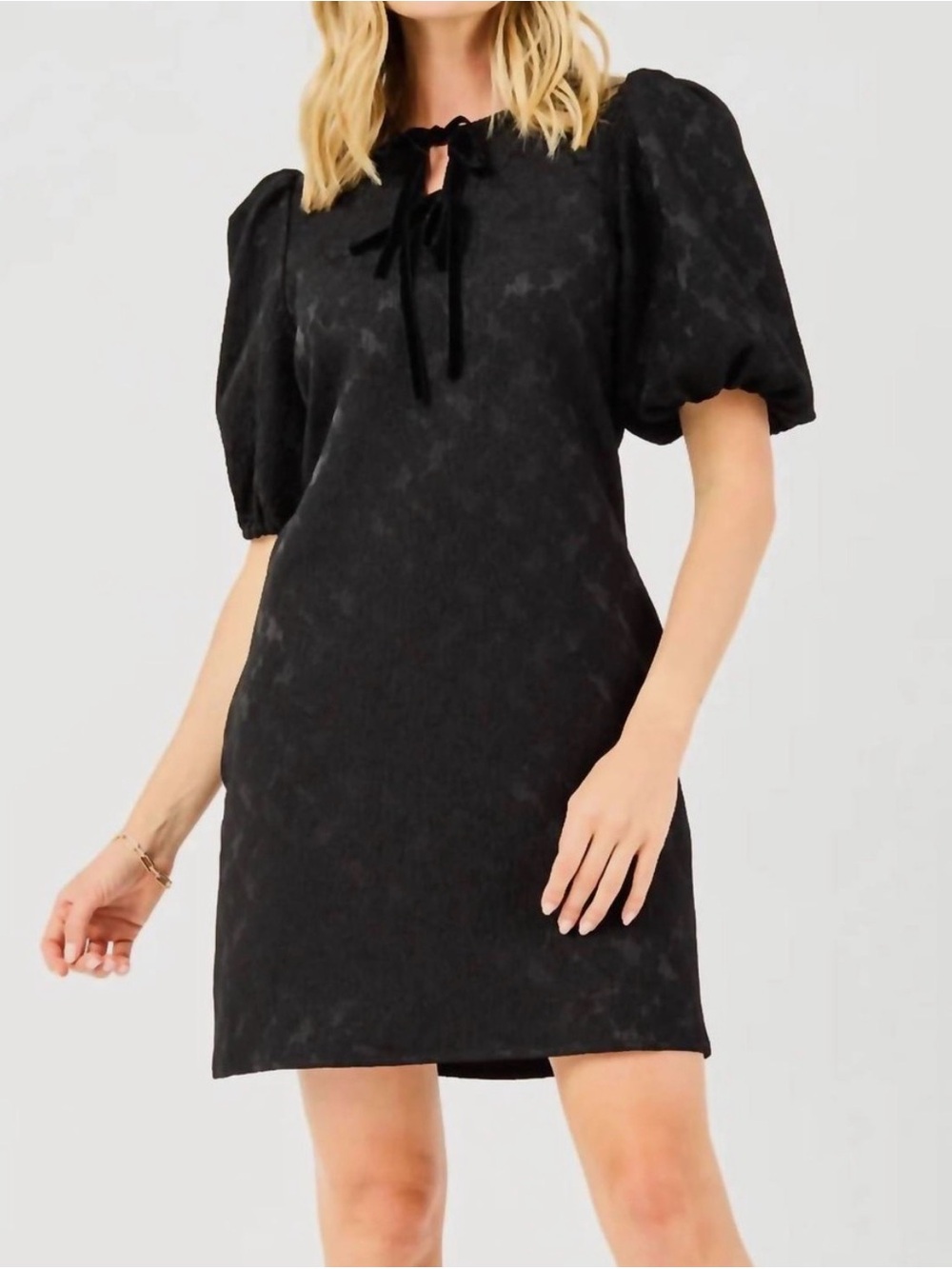 Mary Square Lana Dress
Black Lace Puff-Sleeve A-Line Dress with Tie Neck - Picture 3 of 7